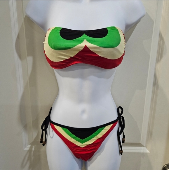 Hot Topic Other - Hot Topic Rasta Bikini | Strapless Top Tie Side Bottom Black Red Green White L